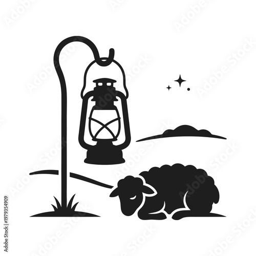 Lantern with hiking boots and trail sign in mountain landscape