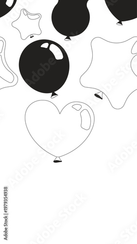 Balloons party black and white vertical top border. Baloons. Seamless upper frame with line art pattern. Flat 2D graphic composition. Falling outline elements. Social media overlay copy space