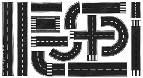 Collection of Hand Drawn Asphalt Road Segments and Intersections.