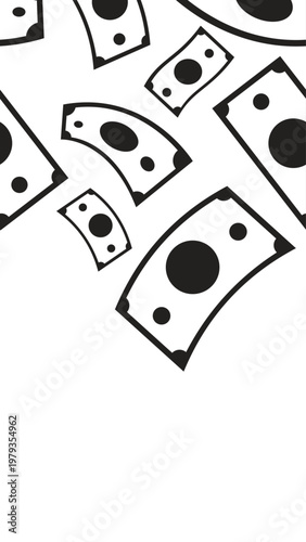 Paper money bills black and white vertical top border. Banknotes. Seamless upper frame with line art pattern. Flat 2D graphic composition. Falling outline elements. Social media overlay copy space