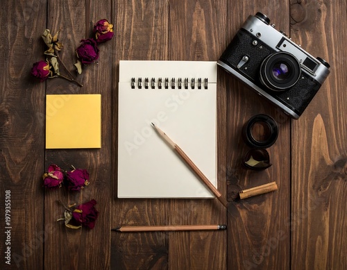Overhead shot of a vintage camera, notebook, pencils, sticky note, dried roses, and accessories atop a dark, wooden surface