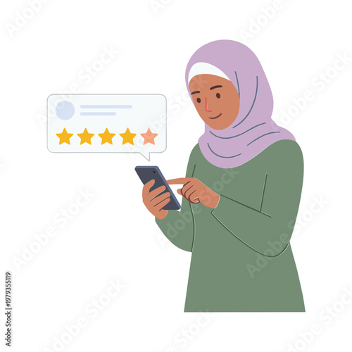 Woman reviews rating on phone with speech bubble showing stars