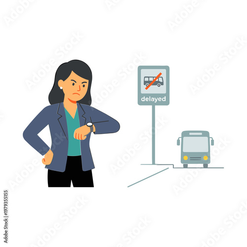 Woman checks watch next to delayed bus sign on platform