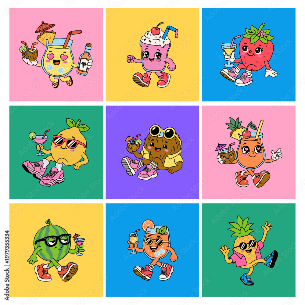 Obraz premium Cute Summer Fruits and Drinks Cartoon Character Set