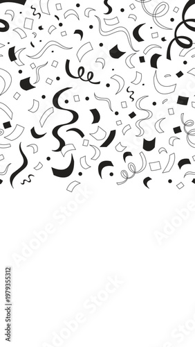 Confetti curling streamers black and white vertical top border. Seamless upper frame with line art pattern. Flat 2D graphic composition. Falling outline elements. Social media overlay copy space