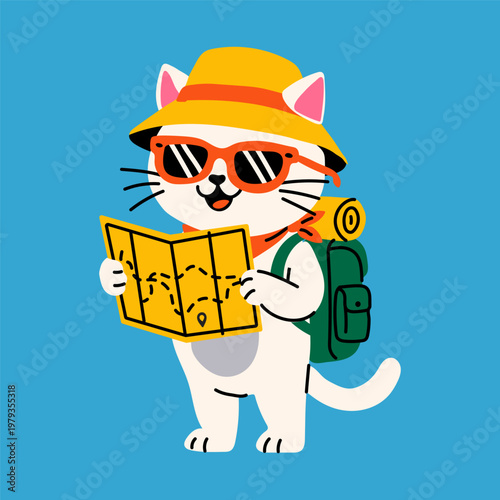 Cartoon Cat Traveler with Backpack and Map