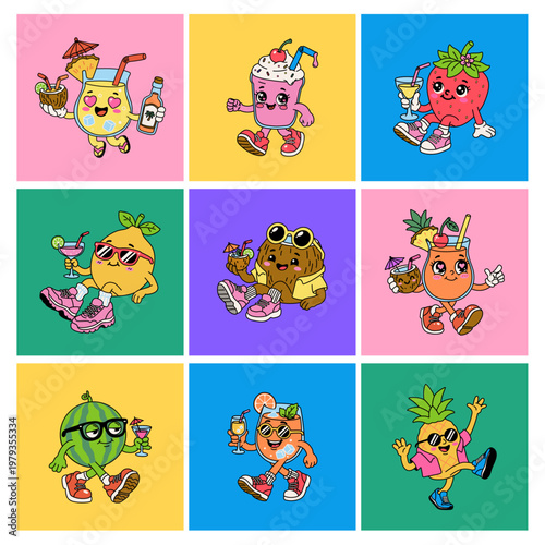 Cute Summer Fruits and Drinks Cartoon Character Set