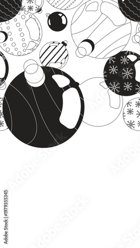Christmas ornaments black and white vertical top border. Baubles. Seamless upper frame with line art pattern. Flat 2D graphic composition. Falling outline elements. Social media overlay copy space