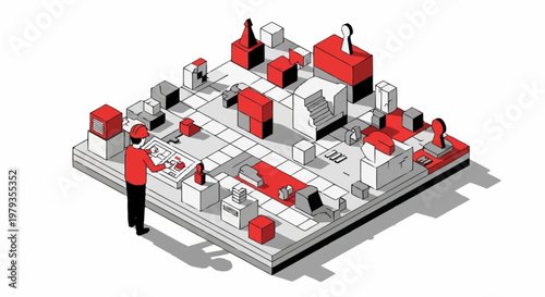 Abstract isometric illustration of a person playing a strategic board game with red and white pieces on a grid.