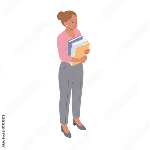 A woman holds books while standing indoors with a thoughtful expression.