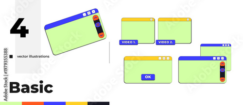 Basic blank neo brutalism pop-up UI window pack. Essential empty dialog boxes. Scrollbar panel and videos. Isolated user interface elements collection in neubrutalism style. Retro Y2K UX design