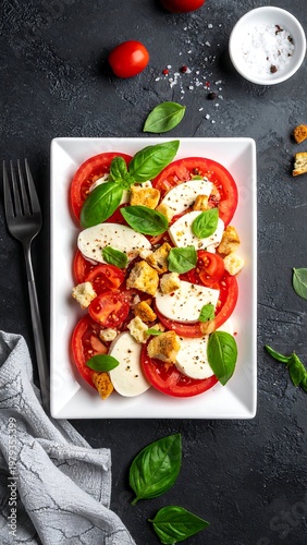 Overhead shot of a colorful Caprese salad featuring tomato slices, mozzarella, croutons, and basil leaves on a white square plate