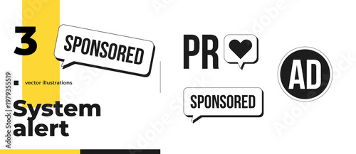 Sponsored and advertising disclosure black and white label signs pack. PR love. AD icon. Digital media alerts. Isolated vector badges set. Monochrome notice graphics with text. Online content