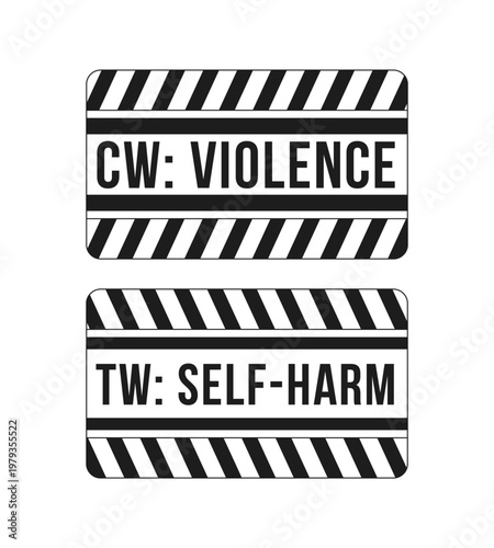 Violence and self harm content warning black and white label signs set. Mental health. Digital media alerts. Isolated vector badges collection. Monochrome notice graphics with text. Online content