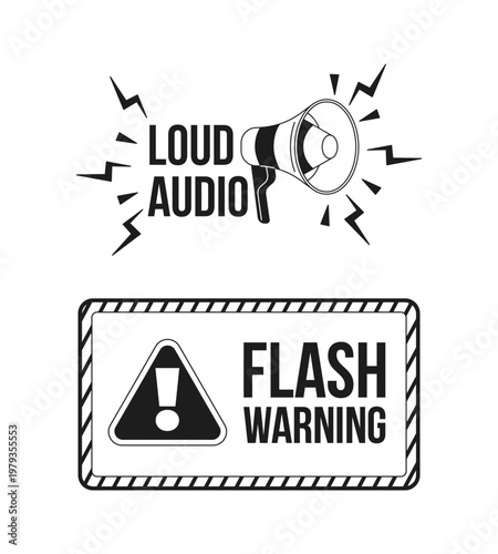 Loud audio and flash warning black and white label signs set. Intense sound and visuals. Digital media alerts. Isolated vector badges collection. Monochrome notice graphics with text. Online content