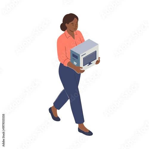 Woman carrying microwave oven with both hands while walking quickly