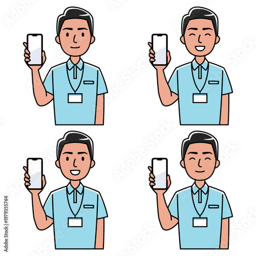 スマホを見せる笑顔の外国人男性（ポロシャツ姿）