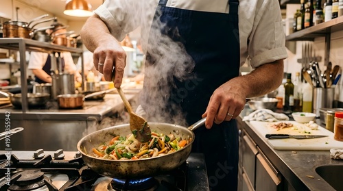 Expert chef stir-frying fresh food in a sizzling pan, steam rising in a busy commercial kitchen setting