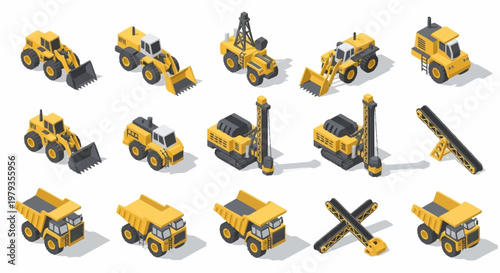 Collection of isometric construction vehicles and equipment in yellow, isolated on a white background.