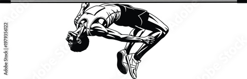 Fotografie Male athlete performing high jump over bar vector illustration, black and white