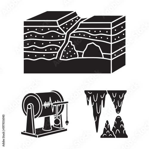 Geology Earth Science Icons Rock Strata Seismograph Stalactite Silhouette Vector