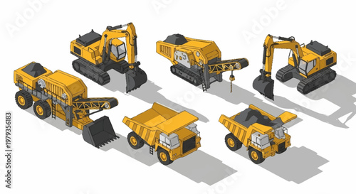 Collection of isometric construction vehicles including excavators, dump trucks, and crushers on a white background.