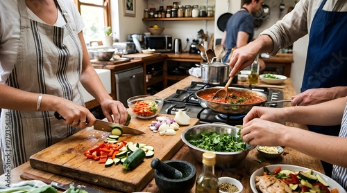 Skilled culinary professional precisely chopping a vibrant assortment of fresh vegetables in a busy kitchen
