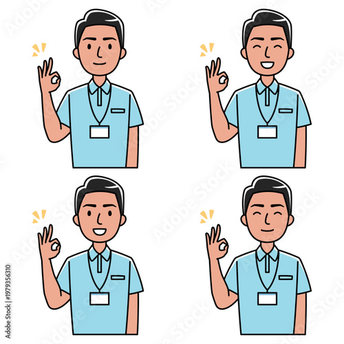 笑顔でOKサインをするポロシャツの外国人若い男性のイラスト