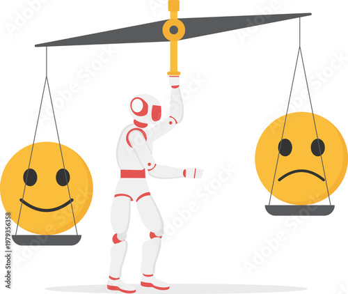 Robot balancing a happy face and a sad face on a scale