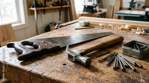 Hand woodworking tools including saw, hammer, and nails on a rustic workbench, ready for craftsmanship