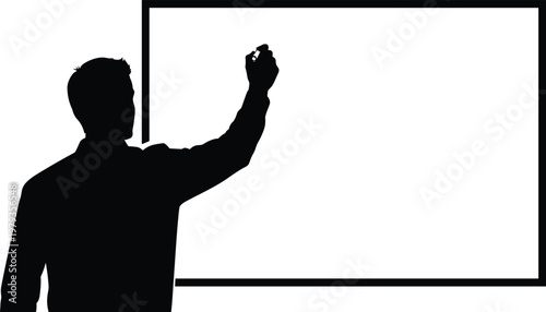 Man silhouette writing on whiteboard, teacher giving presentation, businessman explaining strategy, education and corporate training, isolated vector on white, learning.