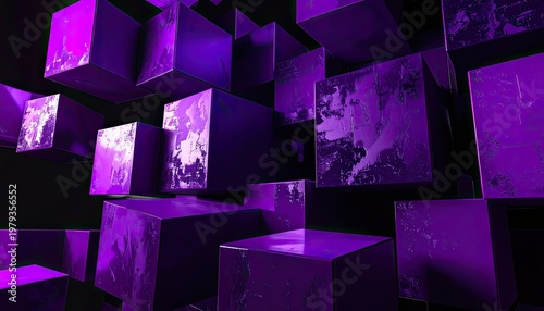 A captivating abstract composition features numerous purple cubes suspended in a dark space, creating a dynamic and visually intriguing arrangement.