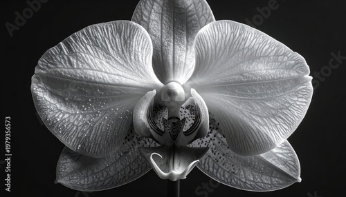 A striking black and white close-up photograph showcases the intricate details and elegant form of a single orchid blossom against a dark, contrasting background.