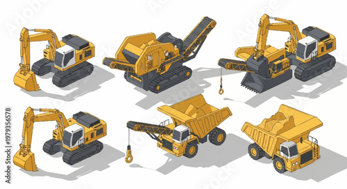 Collection of isometric construction vehicles including excavators, dump trucks, and a stone crusher.