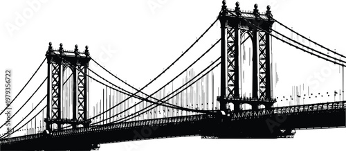 Manhattan Bridge silhouette black and white illustration, New York City suspension bridge vector architecture, urban landmark isolated on white background.