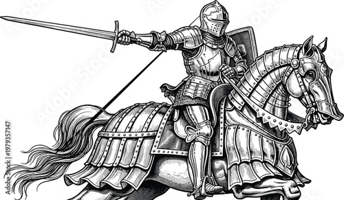 Medieval Knight on Armored Warhorse Illustration, Antique Engraving of Paladin with Sword, Vintage Black and White Middle Ages Warrior Art