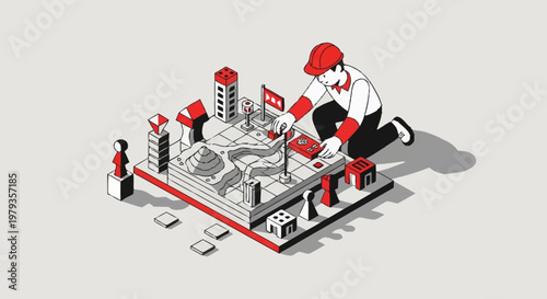 A person playing a strategy board game with miniature buildings and figures, illustrating planning and decision-making.