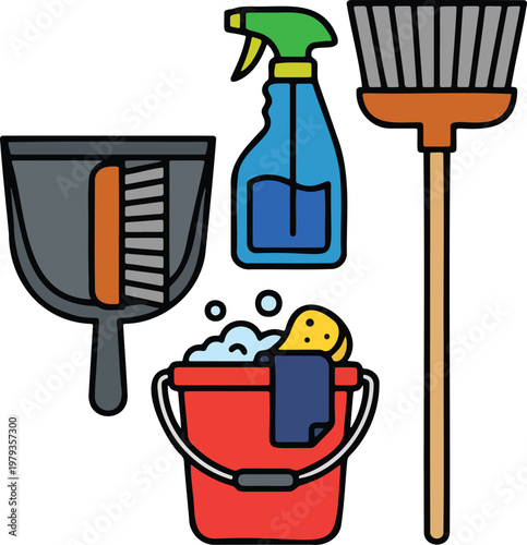 Housekeeping cleaning supplies set flat vector illustration featuring bucket soap suds sponge spray bottle broom dustpan and brush for household chores janitorial service sanitation equipment icons is