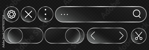 Transparent 3D glass interface with sleek button design. Frosted UI element featuring light effects and modern tech styling for digital apps.