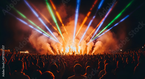 Dynamic outdoor music concert with spectacular stage, vibrant light display, and pyrotechnics exciting an audience