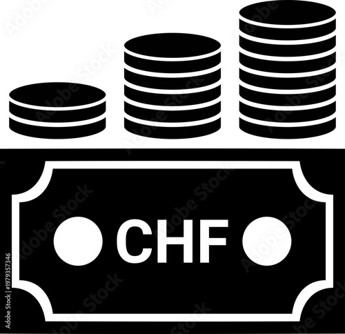 Black budget icon vector design with Swiss Franc (CHF) banknote and ascending coin stacks for finance, savings, investment, profit growth, wealth management, business planning, and economic success