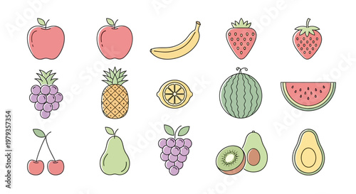 Illustration of various fruits in a cartoon style for healthy eating and freshness concept