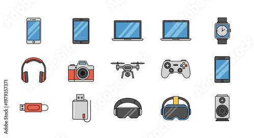 Illustration of various modern electronic gadgets and devices in a flat design style