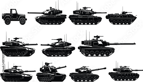 Military Tank Silhouette Collection Featuring Armored Battle Vehicles, Heavy Artillery Transport, War Combat Machinery, Army Jeep Graphics, and Professional Tactical Icons