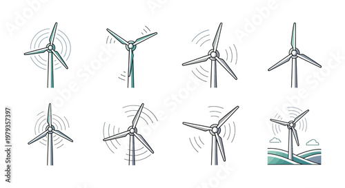 Illustration of wind turbines for energy production and sustainability on a white background
