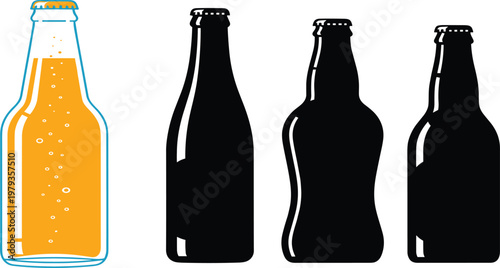 Minimalist Illustration of a Single Full Beer Bottle with Bubbles Standing Out Next to Three Black Silhouetted Glass Bottle Icons