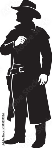 Wild west cowboy silhouette vector illustration western man wearing hat and long coat gunfighter sheriff outlaw character concept isolated on white background for branding gaming and American frontier