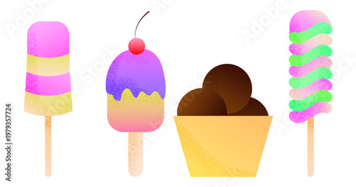 Sweet ice cream set with cartoon cones, popsicles, and gelato cups. Colorful dessert illustration collection featuring various flavors and styles for creative projects.