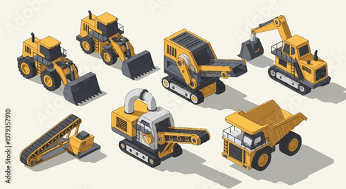 Collection of isometric construction vehicles and machinery on a light background.