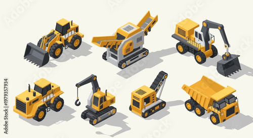 Collection of isometric construction vehicles and heavy machinery on a light background.